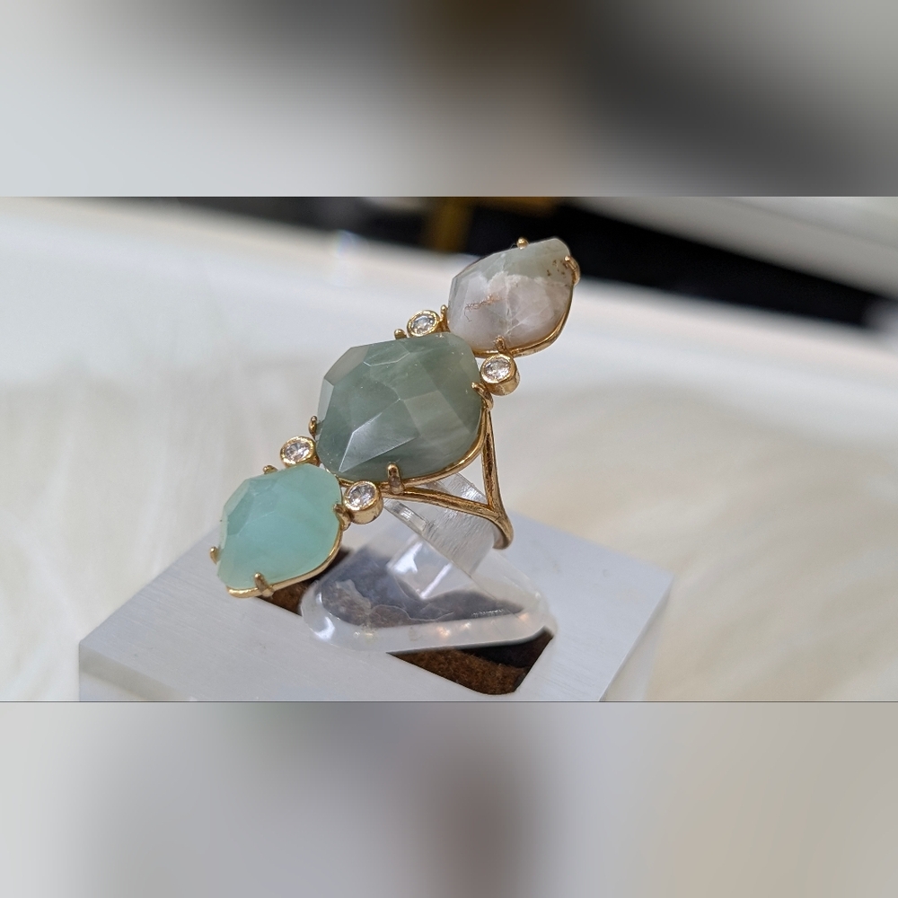 Faceted Green Aventurine & Agate Crystal Ring sz6 - Picture 6 of 15